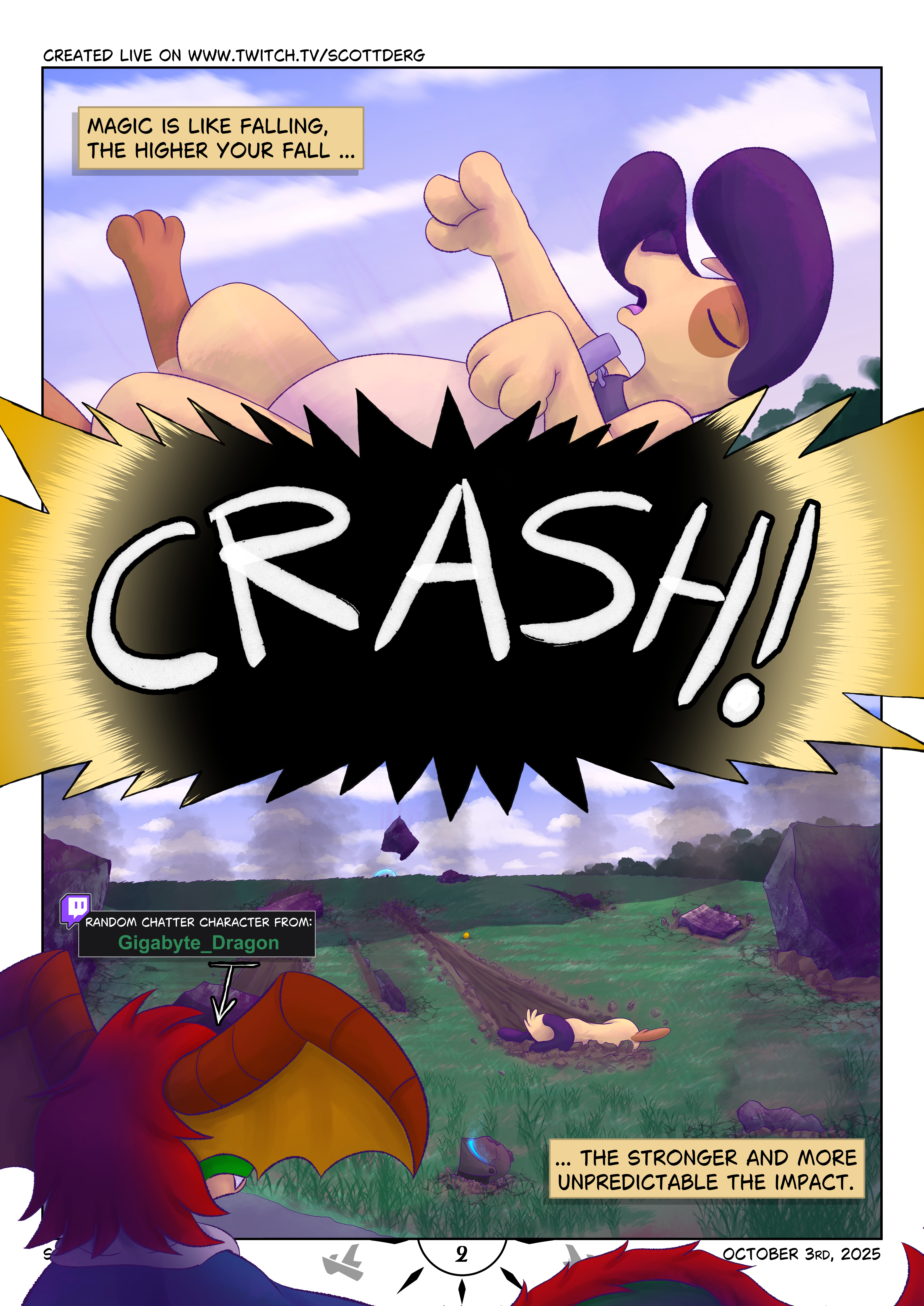 The yellow dog falling from the sky crashes loudly on the ground making a loud impact. THe ground is marked with impact craters from the dog herself ina  straight line towards us and the large falling debris chunks still falling from above. There isa  green anthropomorphic dragon with red hair approaching the scene.